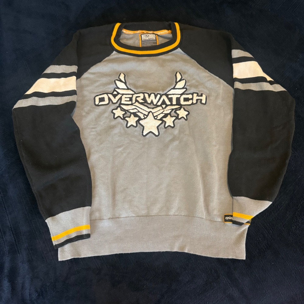 Blizzard Overwatch Men Grey Black Knit Sweater Embroidered Logo‎ Size M 2018